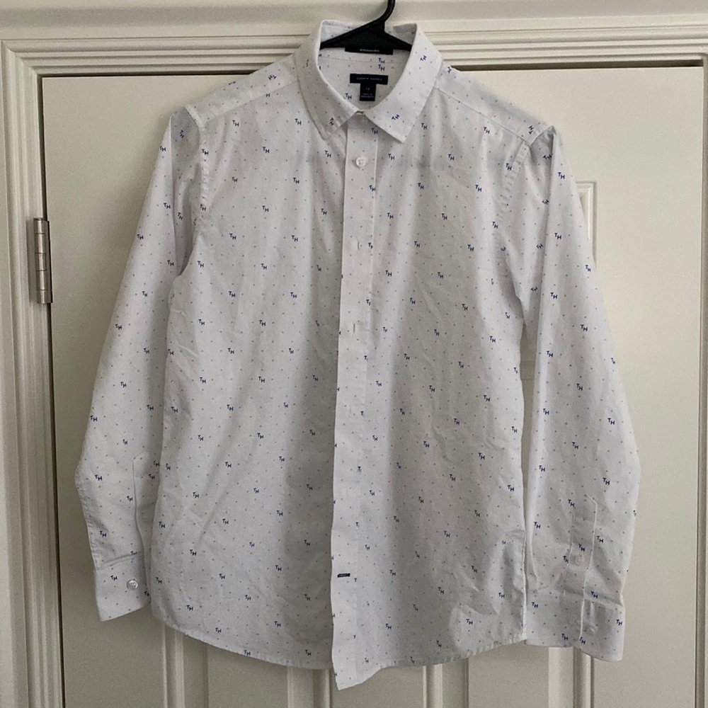 Tommy Hilfiger Boys White Long-Sleeved Button Down Shirt with TH Logo (Size 14)